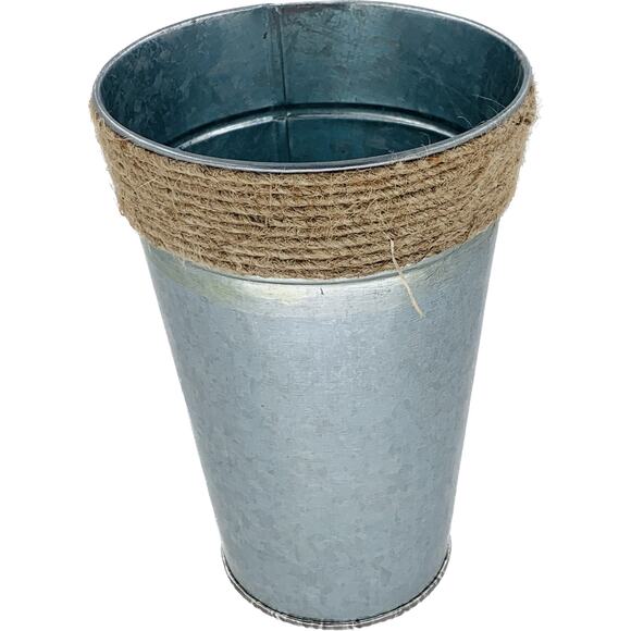 Metal Vase For Flowers Brown Rope Tapered 7.5 Inches Tall Silver Galvanized - Picture 1 of 6